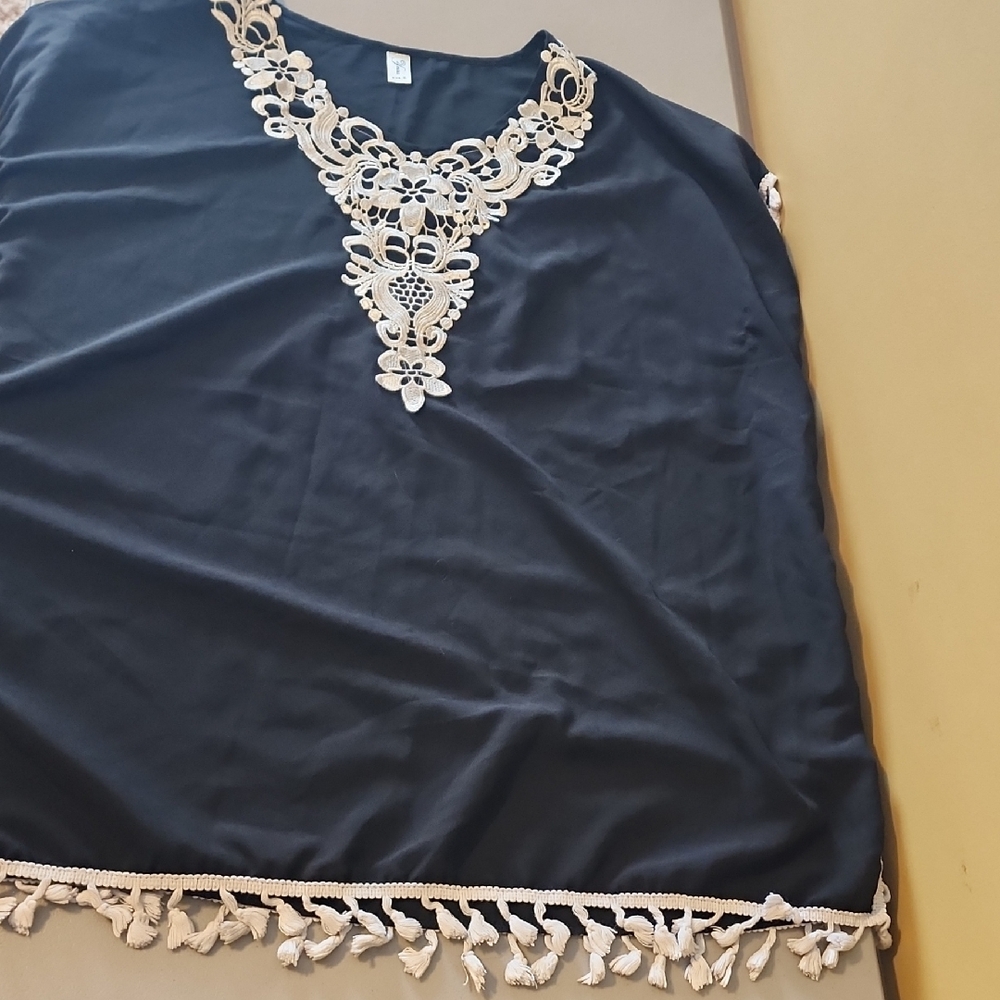 Black Cover-up Top with White Lace Details